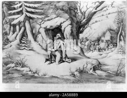 Washington at Valley Forge Abstract: Print shows General George Washington praying in the snow at Valley Forge, Pennsylvania. In the background are Washington's soldiers and officers Stock Photo