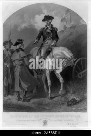 Washington at the outposts of Valley Forge Abstract: Print shows General George Washington on horseback, handing a telescope to an officer, possibly Marquis de Lafayette or Baron von Steuben, standing on the ground next to him Stock Photo