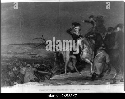 Washington crossing the Delaware Abstract: Print shows General George Washington on horseback watching as soldiers cross the Delaware River prior to the attack on  the British at Trenton, New Jersey. Stock Photo