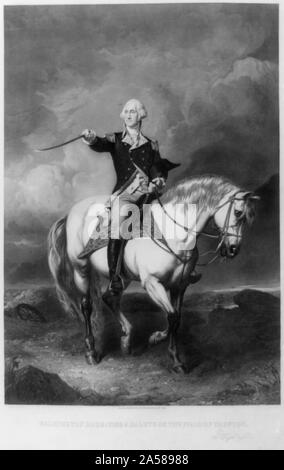 Washington receiving a salute on the field of Trenton Abstract: Print shows Washington, on horseback, holding hat in one hand and sword in the other. Stock Photo
