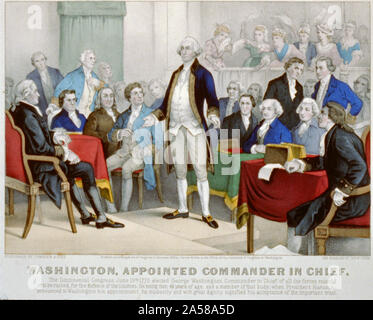 Washington, appointed Commander in Chief Abstract: Print shows George Washington standing on a platform surrounded by members of the Continental Congress. In the background, women wave their handkerchiefs. Stock Photo