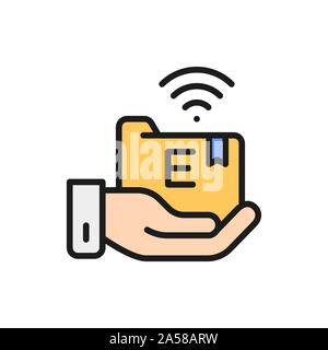 Hand holds e-learning folder flat color line icon. Stock Vector