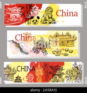 Set of poster card compositions of China related objects isolated on white background. Vector illustration. Stock Vector