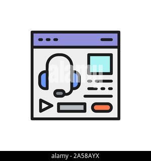 Audio course, podcast, education website flat color line icon. Stock Vector