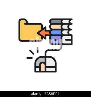 Computer mouse with e-book, online education, web library flat color line icon. Stock Vector