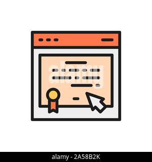 Online certificate, web diploma, e-learning flat color line icon. Stock Vector