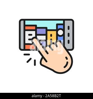 Hand with mobile phone, man chooses e-book, e-library flat color line icon. Stock Vector