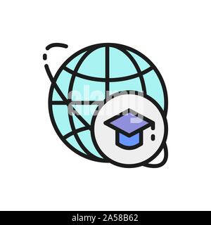Graduation cap and world, global education flat color line icon. Stock Vector