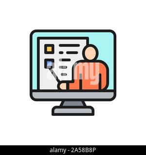 Video education, webinar, web conference, online support flat color line icon. Stock Vector