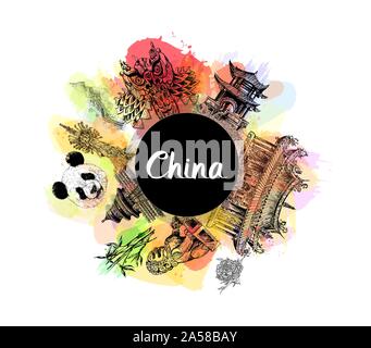 Poster card composition of China related objects isolated on white background. Vector illustration. Stock Vector