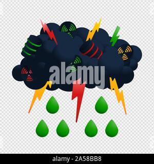 Nuclear cloud and rain vector Illustrator. Radioactive icon with green drop and thunder Acid fallout vector design Stock Vector