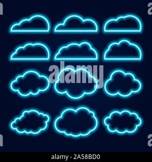 Vector Neon Cloud Icons Set, Glowing Bright Blue Lines on Dark Background. Stock Vector