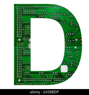 Letter D, Alphabet in circuit board style. Digital hi-tech letter isolated on white. 3d illustration. Stock Photo