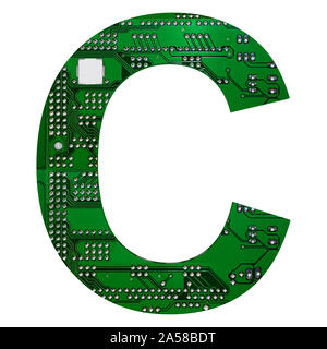 Letter C, Alphabet in circuit board style. Digital hi-tech letter isolated on white. 3d illustration. Stock Photo