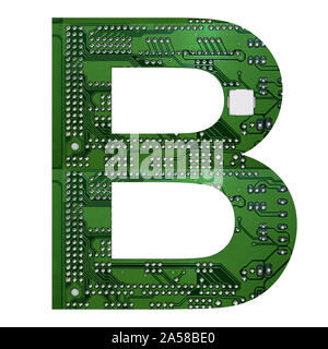 Letter B, Alphabet in circuit board style. Digital hi-tech letter isolated on white. 3d illustration. Stock Photo