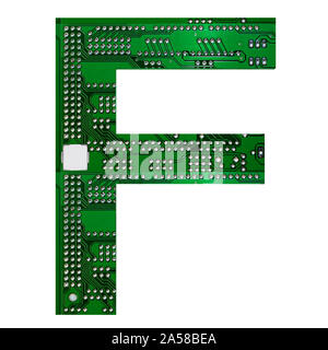 Letter F, Alphabet in circuit board style. Digital hi-tech letter isolated on white. 3d illustration. Stock Photo