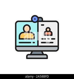 Video call, online meeting, education, webinar, support flat color line icon. Stock Vector