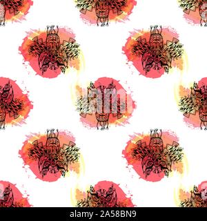 Seamless pattern of hand drawn sketch style Chinese dragon masks isolated on white background. Vector illustration. Stock Vector