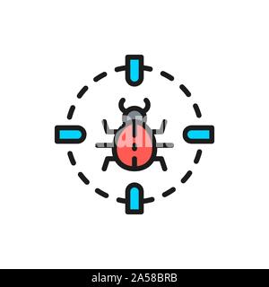 Bug in target sight, virus flat color line icon. Stock Vector