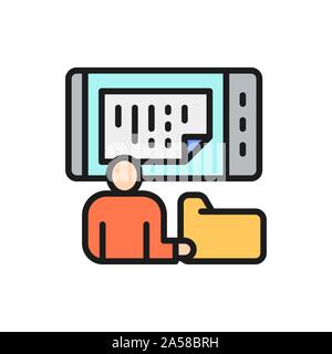 Man stores data in a phone, online storage, mobile database flat color line icon Stock Vector