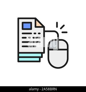 Computer mouse with pages, web library flat color line icon. Stock Vector