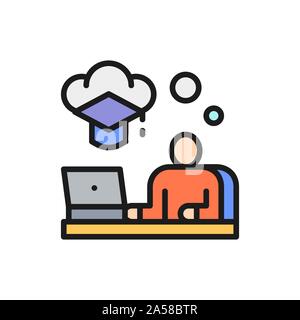 Online training at home, web education, learning courses flat color line icon. Stock Vector