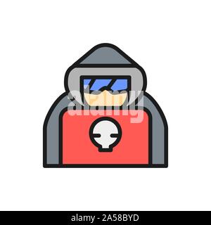 Computer hacker with laptop, spy agent flat color line icon. Stock Vector