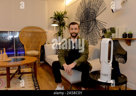 James Doran, 26, from Liverpool, who played as single mother 'Sammie',in his apartment at The Circle in Salford, Manchester, ahead of the live final of the second series of Channel 4's The Circle. Stock Photo