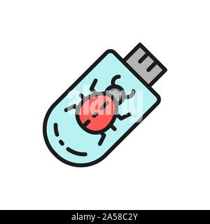 Trojan virus on usb flash drive flat color line icon. Stock Vector