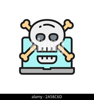 Computer with skull and crossbones symbol, virus, cybercrime color line icon. Stock Vector