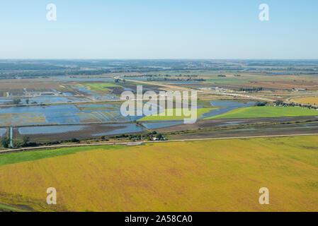 Aerial photograph of flooded rural farmland in Mills County, Iowa, USA, with the Missouri River in the background. Stock Photo