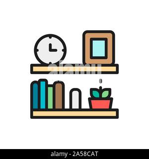 Office shelf, bookshelf flat color line icon. Stock Vector