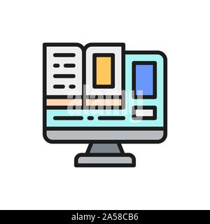 Computer monitor with a e-book, online education flat color line icon. Stock Vector