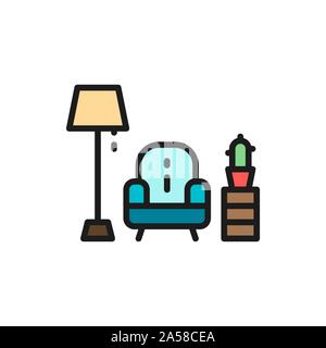 Armchair with lamp flat color line icon. Stock Vector