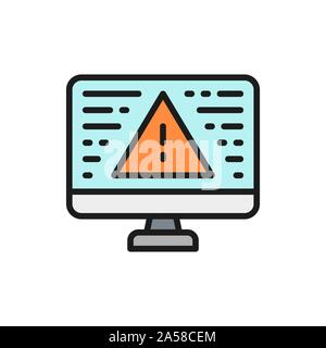 Desktop computer with warning sign, screen error, notification color line icon. Stock Vector