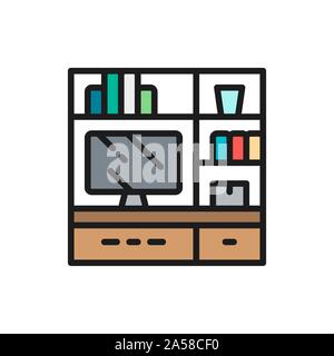 Television on stand flat color line icon. Stock Vector
