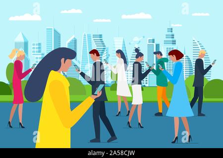 Crowd young men and women walking on future city park using smartphones. Internet social network addiction concept. Millenial influencer group holding mobile gadgets on parkland. Vector illustration Stock Vector