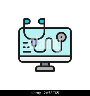 Computer treatment, antivirus, online consultant flat color line icon. Stock Vector