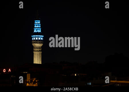 Close up shoot of historic Beyazit fire tower. Blue lighting. Stock Photo