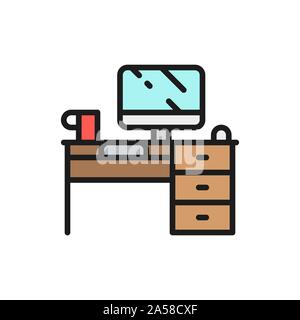 Computer desk, workplace flat color line icon. Stock Vector