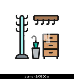 Hanger in hallway, clothing rack flat color line icon. Stock Vector