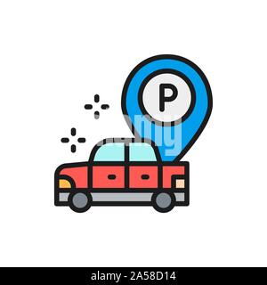 Car with large parking pointer flat color line icon. Stock Vector