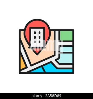 Map with hotel pin mark flat color line icon. Stock Vector