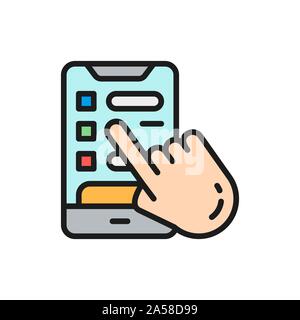 Hand with phone, booking a hotel room flat color line icon. Stock Vector