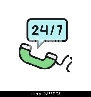 Non stop service, 24 7 help number flat color line icon. Stock Vector