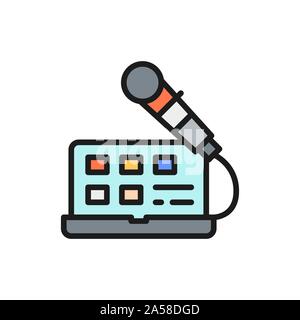 Laptop with microphone, sound recording, radio host, broadcasts color line icon. Stock Vector
