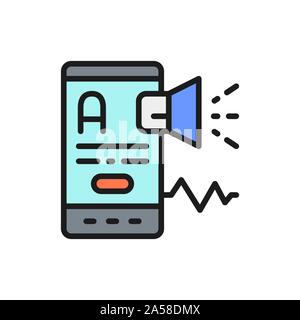 Mobile with megaphone, foreign language, promotion flat color line icon. Stock Vector