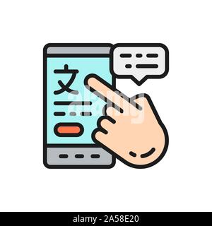 Phone with online translation flat color line icon. Stock Vector