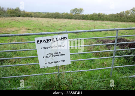 October 2019 - Sign Private Land, Livestock in field. Stock Photo