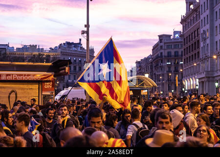 Barcelona, Spain - October 18th, 2019: Protests held during the general strike of Catalonia in Plaça Catalunya. Rally named Marches for Freedom. Stock Photo